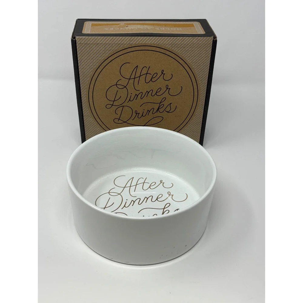 Brass Monkey After Dinner Drinks Ceramic Dog Bowl White Gold Foil lettering NIB